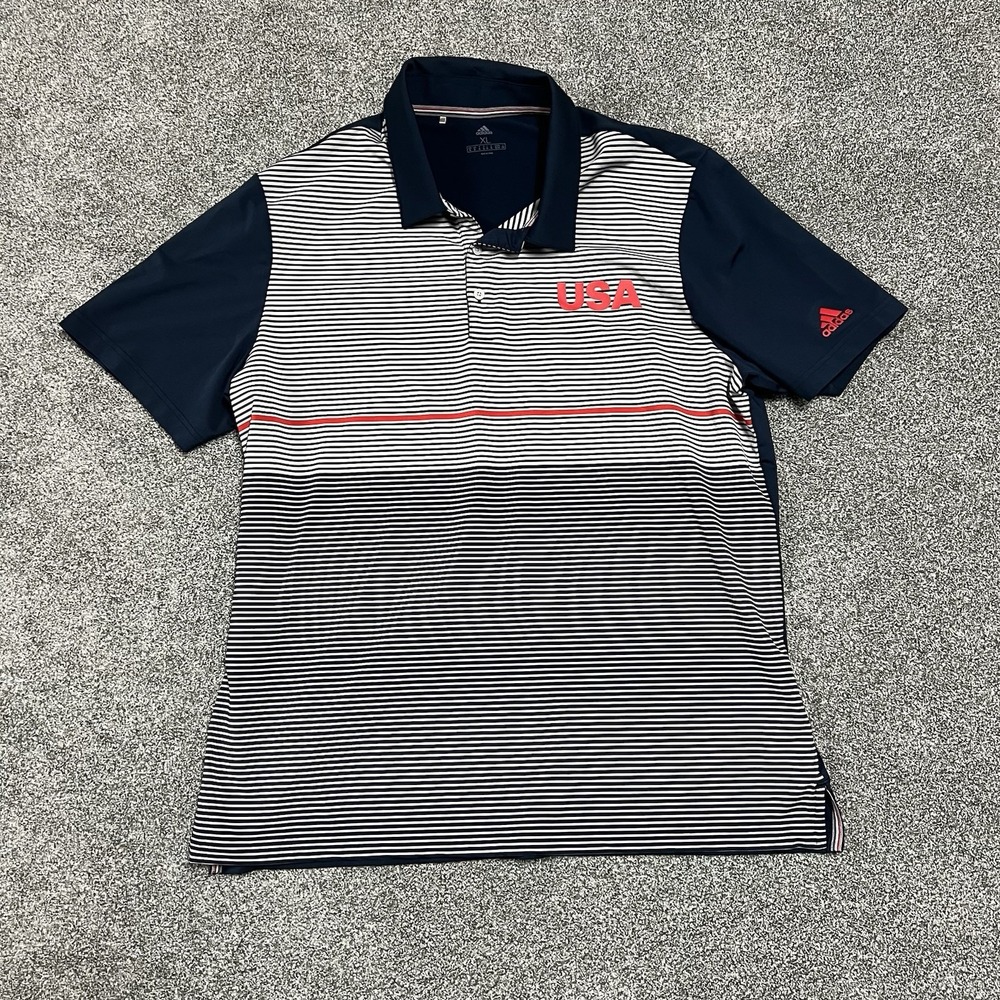 Adidas Team USA Striped Polo Shirt Mens XL Golf Athletic Navy Red White